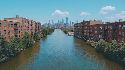 Obraz premium Aerial View of River Buildings with NYC Skyline with Urban Landscape.