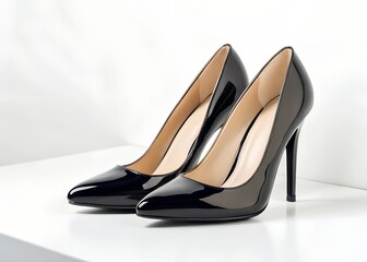 Fashionable high heeled shoes on white background