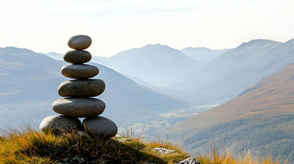 Stacked Stones On Mountaintop With Scenic View