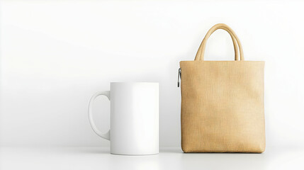 Beige Straw Tote Bag And White Mug Mockup On White Table