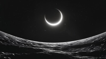 Crescent moon illuminated against a starry night sky observed from a lunar surface in a serene cosmic landscape