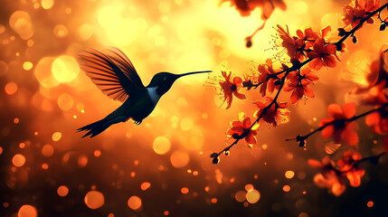 Obraz premium A hummingbird in flight amidst blossoming flowers during sunrise.