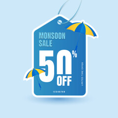 A vibrant monsoon sale promotional banner featuring an umbrella and cloud graphics, emphasizing seasonal offers.