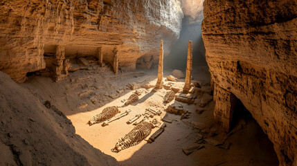 Sunlit Cave Interior With Stone Pillars