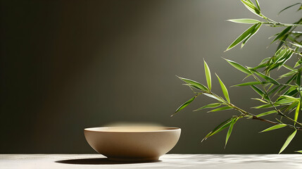Beige Ceramic Tea Bowl With Bamboo Leaves In Zen Style Still Life