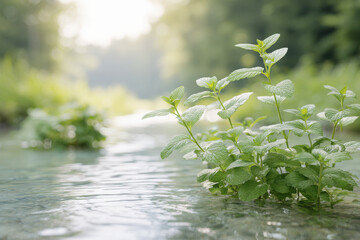 serene scene of crystal clear water flowing gently through lush green foliage essence of tranquility