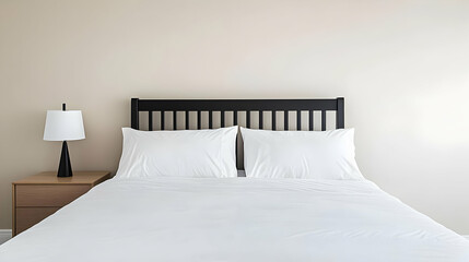 Minimalist Modern Bedroom Interior With White Bedding And Black Furniture