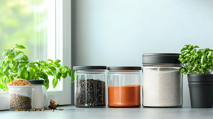 Glass Food Storage Containers On Kitchen Counter With Herbs
