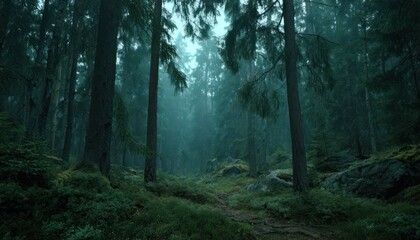 Fototapeta premium Eerie woodland scenery enveloped in mist and fog, showcasing the wilderness