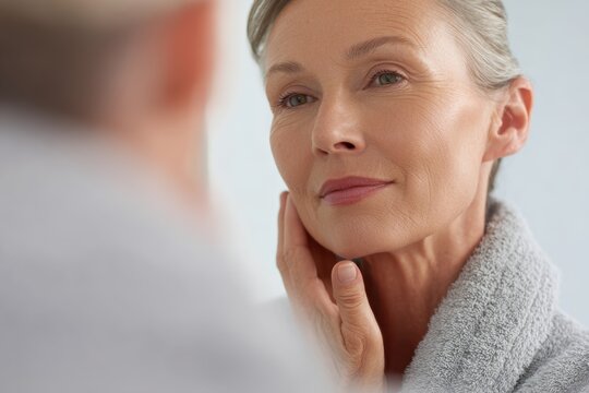 Senior woman wearing iskincare isheet ma isk, looking in mirror at home. Beauty, iself-care, and anti-aging routine for mature iskin wellne is is concept.