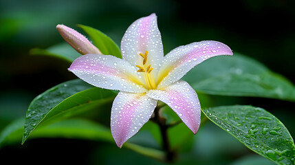Pink And White Lily With Dew Drops