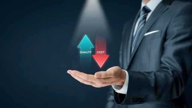 Businessman presenting quality improving and cost reduction concept with arrows on dark background