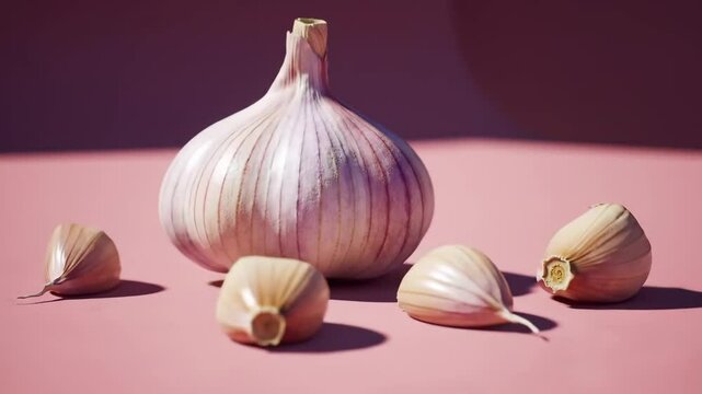 Cinematic close-up of garlic bulb and cloves on pastel pink with smooth orbit and zoom, minimalist and serene