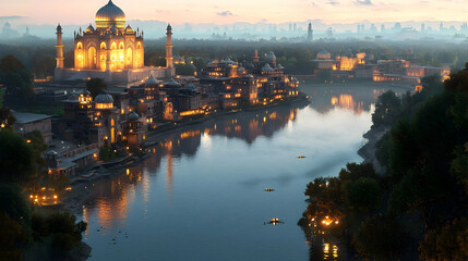 Illuminated Taj Mahal Cityscape At Dusk With River Reflection