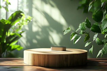 Wooden platform with greenery background.