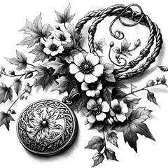 A pendant entwined with ivy and blooming flowers, sketch engraving, white background.