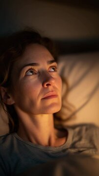 Thoughtful woman lying awake at night in bed
