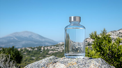 Clear Glass Bottle On Rocky Mountain Landscape