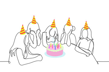 women sitting at table on birthday or celebrating in front of cake with candles - one line art vector. concept of girlfriend celebrating birthday or female team celebrating anniversary