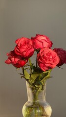 Deep red roses in a glass vase against a neutral background.