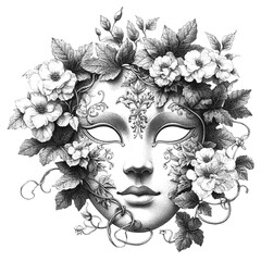 Fototapeta premium A mask entwined with ivy and blooming flowers, sketch engraving, white background.