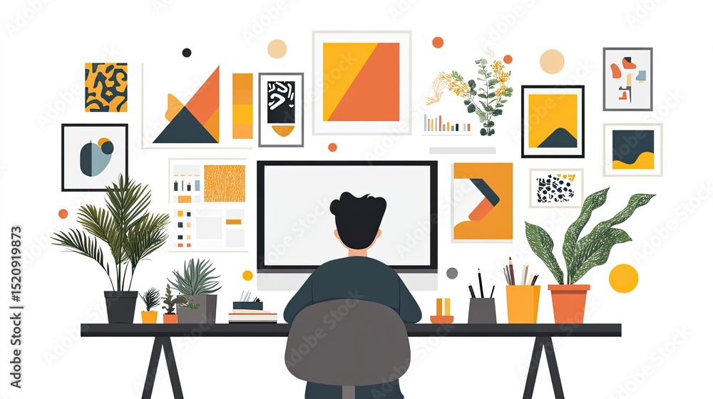 Fototapete A person sitting at a desk with a computer and plants in a room with abstract art on the walls