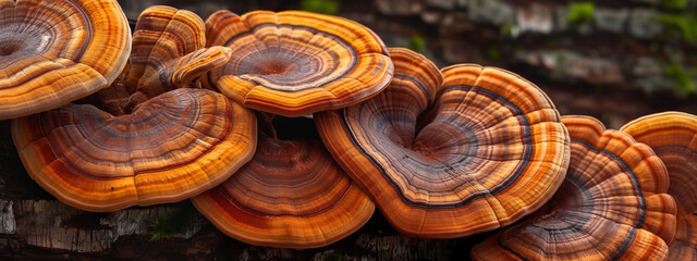 Colorful Close-Up of Shelf Fungus Growing on a Tree Trunk in Nature