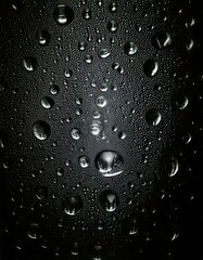 Drops, water, glass, surface, background, texture—tiny droplets slowly slide down the smooth transparent glass, creating an elegant, fluid motion against a dark, minimalist backdrop, evoking purity, s