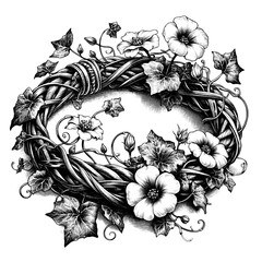 A bracelet entwined with ivy and blooming flowers, sketch engraving, white background.