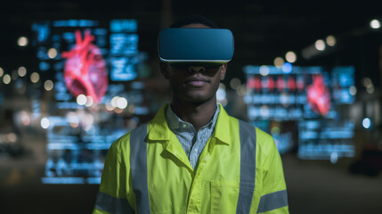 VR Reality Check: A person wearing VR headset, looking screen displays a vibrant medical graphic in a modern and dark warehouse setting.