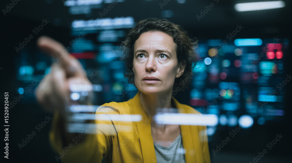 Poster future insight: a woman interacts with advanced technology, her expression of determination and focu