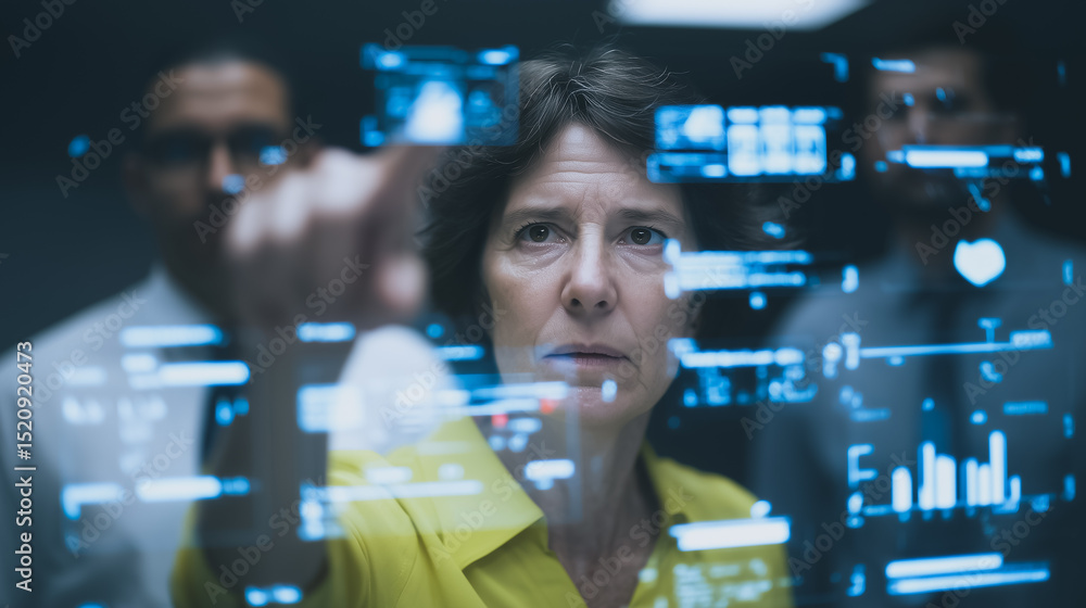 Poster data analysis: a focused professional interfaces with intricate data visualizations, illustrating mo