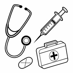 Medical Supplies Illustration:  A simple line drawing illustration of essential medical tools including a stethoscope, syringe, first-aid kit, and pill.  Perfect for healthcare-related projects. 