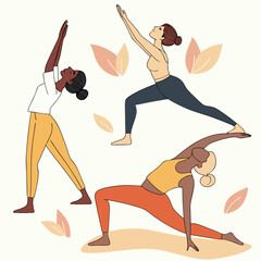 Harmony in Motion:  Three women gracefully embody serenity and strength through a series of yoga poses, rendered in a clean and stylized illustration. A celebration of balance.