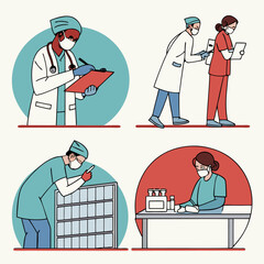 Healthcare professionals at work: A series of illustrative scenes captures the dedication and expertise of healthcare professionals in various medical settings.