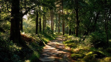 Obraz premium Forest path sunlight dappled stone path