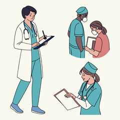 Medical Professionals at Work: An illustration capturing doctors and nurses in action. The image showcases various scenarios of medical personnel. 