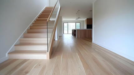 Modern Home Interior With Light Hardwood Floors And Wooden Stairs
