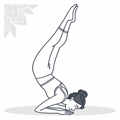 Yoga Pose:Shoulder Stand: A stylized line drawing of a woman gracefully executing a shoulder stand yoga pose, radiating tranquility and strength.
