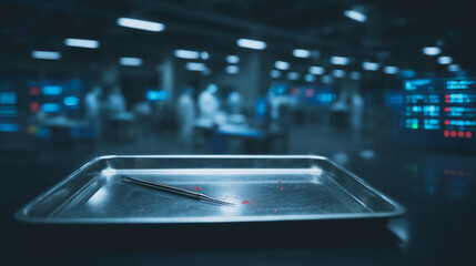Forensic Examination: An atmospheric study of a crime scene, showcasing a metal tray with a pen and a drop of blood, suggesting a critical clue in an investigation.