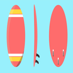 Red surfboard shown from three angles,
front, side, and back with smooth curves,
flat art design style.