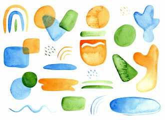 Bright abstract watercolor shapes set in blue, green, orange. Hand painted modern geometric and organic elements. Perfect for kids design, posters, scrapbooking, digital paper and branding