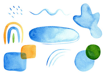 A collection of blue abstract watercolor shapes. Hand painted vibrant minimalist elements with organic shapes and brush strokes. Perfect for modern design, branding, posters, cards and kids projects