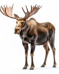 A majestic moose with large antlers standing against a white backdrop.