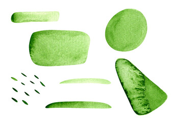 Collection of green abstract watercolor shapes. Hand painted vibrant minimalist elements with organic shapes and brush strokes. Perfect for modern design, branding, posters, cards and kids projects