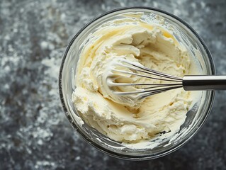 A close-up of a glass bowl filled with creamy whipped butter and a whisk.