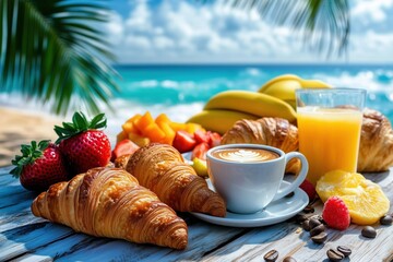 A delicious breakfast spread with croissants, coffee, and fresh fruits on a beach table.