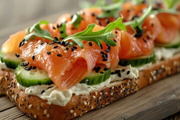 A close-up of a salmon sandwich topped with fresh cucumber, arugula, and sesame seeds on a wooden board.