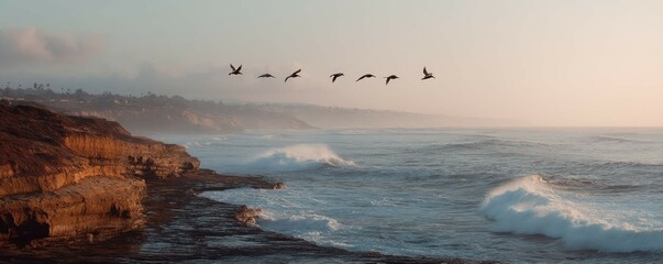 Seascape vista featuring coastal cliffs, ocean waves, and soaring birds at sunset