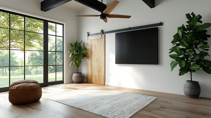 A cozy farmhouse inspired living space with rustic wooden beams and large